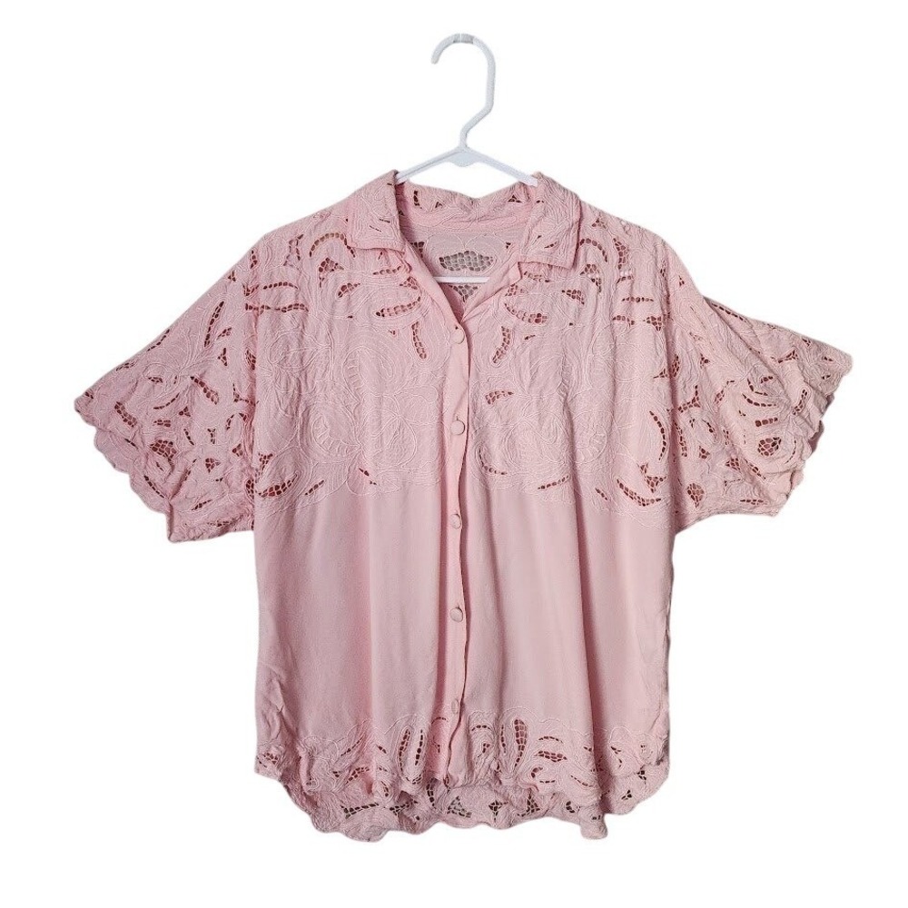 BALI EMERALD VINTAGE Pink Lace Cutout Openwork Festival Blouse boho Top OS